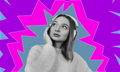 Modern art collage girl listening to music on headphones	