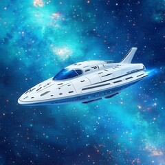 White spaceship soaring through a vibrant nebula, stars and cosmic dust visible in the background. Futuristic spacecraft design, digital art.