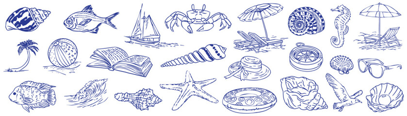 Set of hand drawn illustration summer vacation . Vector ink hand drawn seaside, beach and vacation elements. Collection of nautical vibes for invitations, posters, posters.