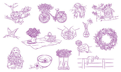 Set of hand drawn illustrations on the theme of spring. Hand drawn vector ink illustrations. Collection for invitations, posters, posters.spring, flowers, birds