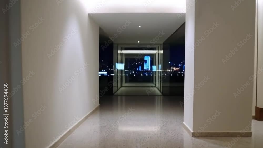 Poster begin with a close-up of the terrazzo floor under the soft glow of the hidden lights. slowly, the wa