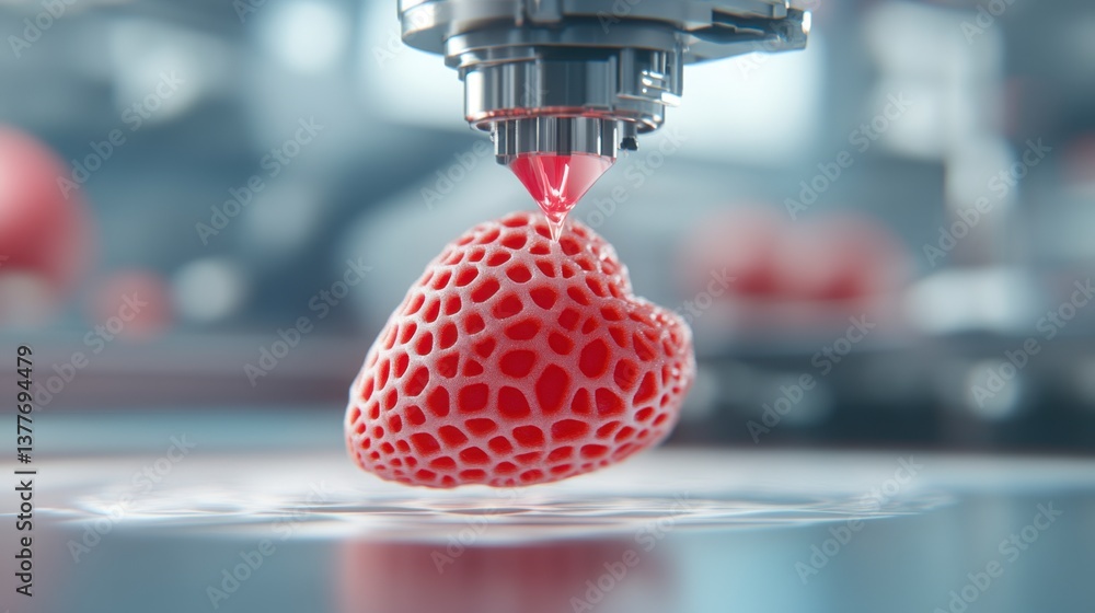 Poster close up of a 3d printer nozzle dispensing red material onto a lattice structured strawberry model, 