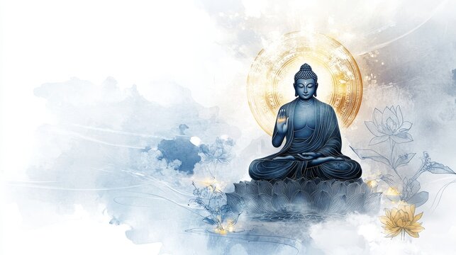 Serene buddha on lotus with lotus flowers and golden halo in tranquil watercolor background