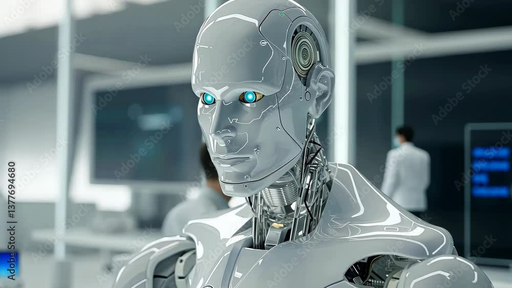 Poster a humanoid robot showcases its advanced skills and interactive features in a futuristic technology l