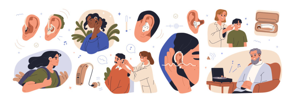 Hearing aid for deaf people. Auditory device, earmould, healthcare for ear health problem. Deafness, audiology, otolaryngology concept set. Flat vector illustrations isolated on white background