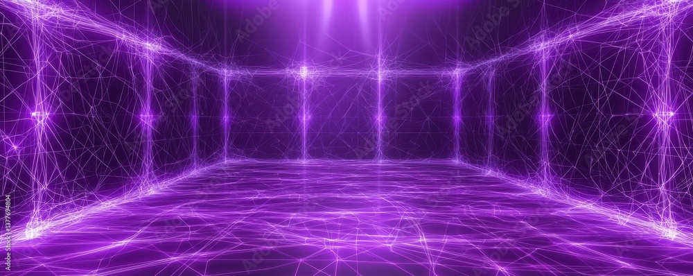 Poster a futuristic, purple-lit digital space with interconnected lines, creating a network-like appearance