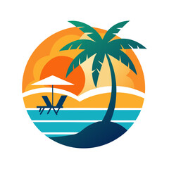 Beach Sunset Vector Illustration. Tropical Palm Tree with Lounge Chair and Umbrella