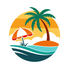 Beach Sunset Vector Illustration. Tropical Palm Tree with Lounge Chair and Umbrella