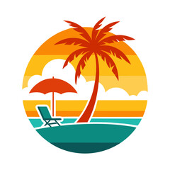 Beach Sunset Vector Illustration. Tropical Palm Tree with Lounge Chair and Umbrella