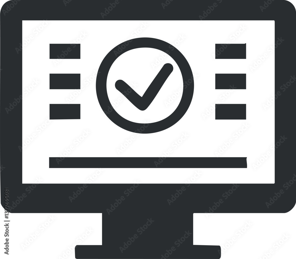 Poster graphic icon of a computer monitor with a checkmark, symbolizing approval or confirmation.