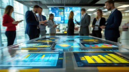 Business Team Analyzing Data on Interactive Displays in Modern Office