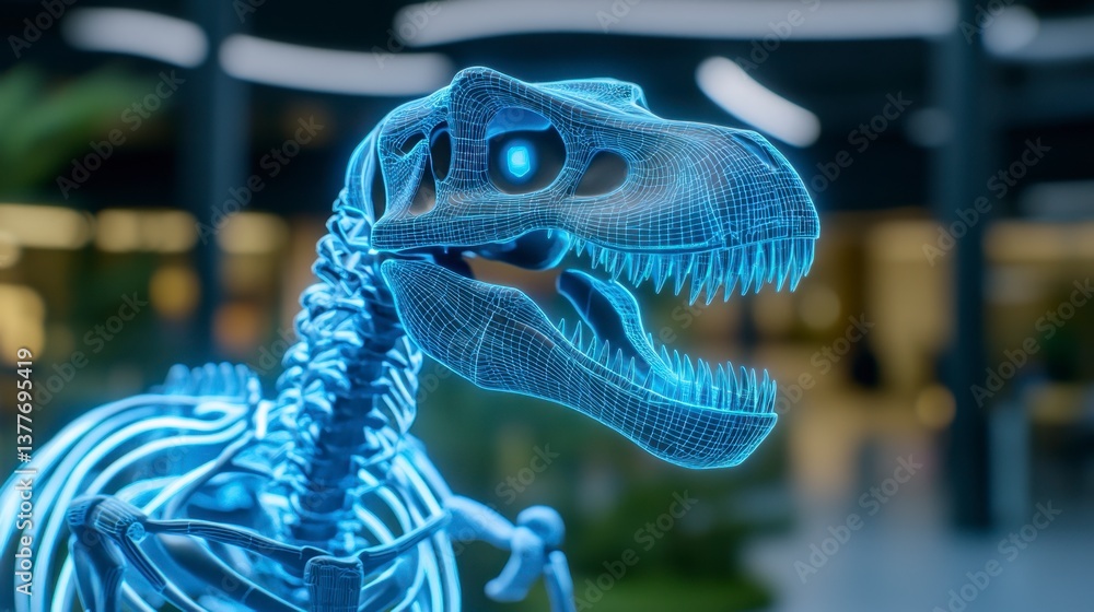 Poster a digital rendering of a dinosaur skeleton, glowing blue, with a blurred background. the image is de