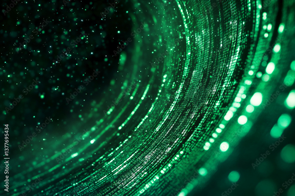 Poster abstract green light streaks and particles, creating a dynamic, swirling effect. represents technolo