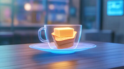 Fototapeta premium Futuristic breakfast concept, transparent coffee served in floating glass orbs, neon-lit toast with holographic butter