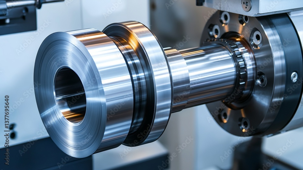 Poster precision machining in action close-up of cnc lathe shaping a shiny metal component.