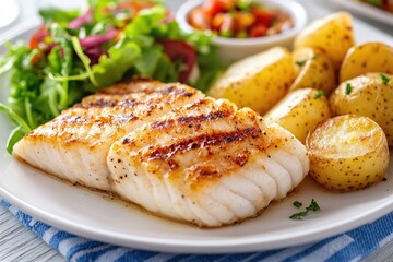 Grilled Fish with Roasted Potatoes and Salad.  A wholesome and delicious meal featuring grilled white fish, seasoned and cooked to perfection, served alongside roasted baby potatoes and a fresh