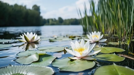 A peaceful lakeside with blooming water lilies and reeds,