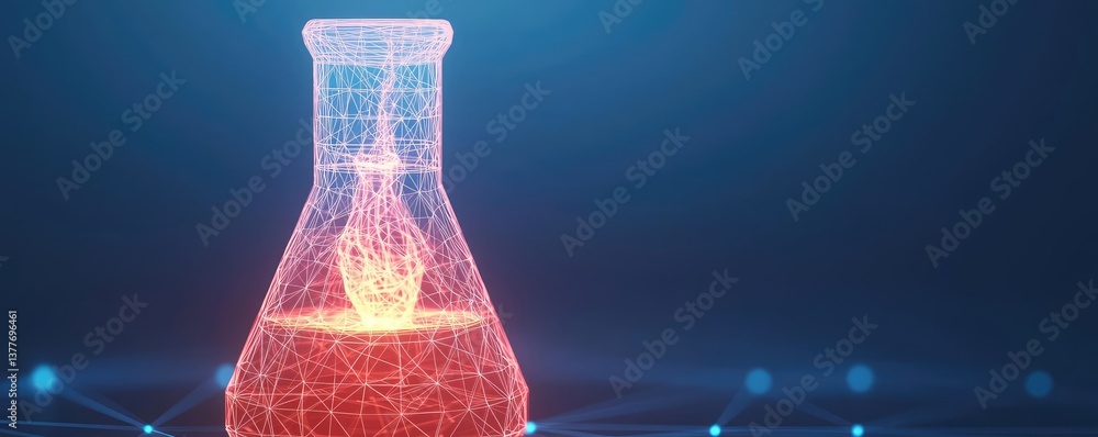 Poster biotechnology polygonal wireframe for laboratory chemistry concept. 3d rendering of a glowing labora