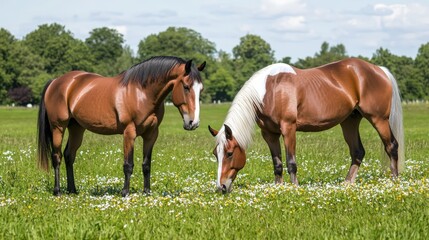 Obraz premium A sunny meadow with grazing horses and blooming buttercups,