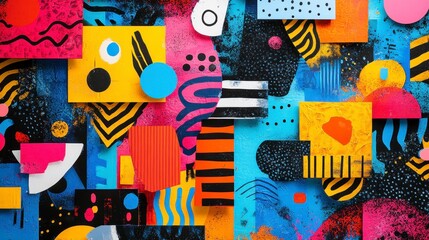 Vibrant Abstract Colorful Shapes and Patterns on Blue Background