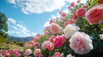 A vibrant spring garden with blooming roses and peonies,