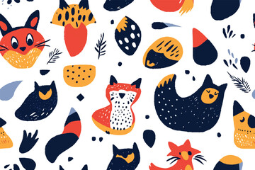 Seamless vector pattern with cute woodland animals, berries and leaves. Scandinavian woodland illustration. Perfect for textile, wallpaper or print design.