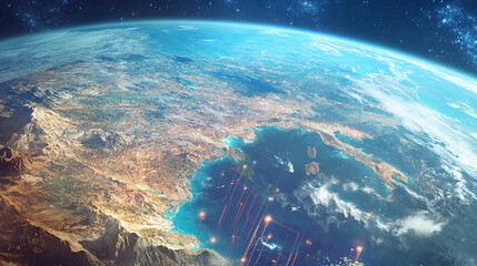 Aerial view of Earth, showcasing landmasses, oceans, and glowing digital network overlay, symbolizing global connectivity and technological advancement