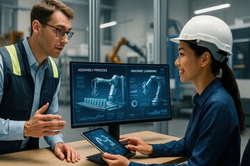 Digital Blueprint: Two skilled engineers engage in a collaborative discussion. Focusing on sophisticated robotics and advanced assembly processes, they are immersed in a high-tech industrial setting.