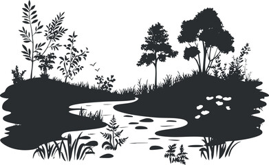 Black and white silhouette of a serene nature scene with a pond and various plants.