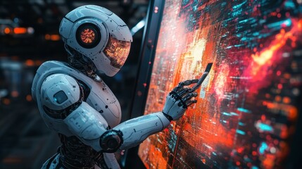 Futuristic Robot Interacting with Digital Display in High-Tech Environment