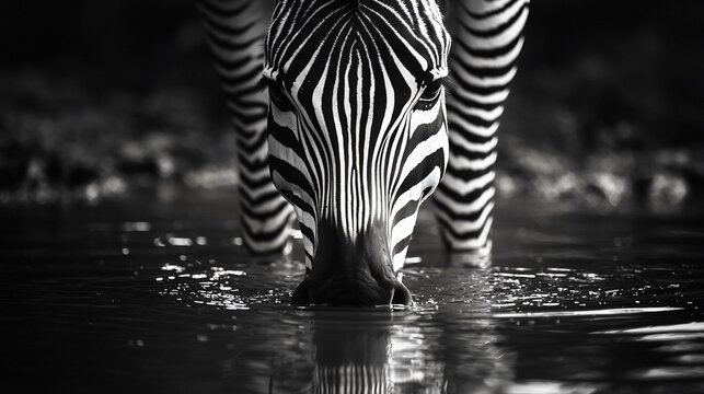 Fototapeta Zebra drinking water, African savanna, black and white, wildlife