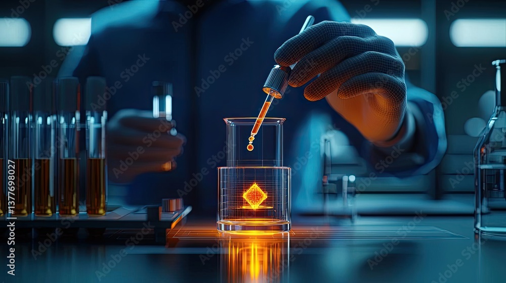 Poster biotechnology polygonal wireframe with dropper test tube concept. scientist using pipette in lab for