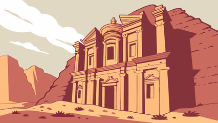 Geometric Vector of Petra’s Ancient Rock-Cut Architecture in Desert Light. Perfect for: Jordan Independence Day, Petra