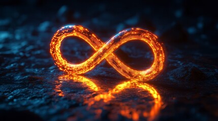 Glowing Infinity Symbol with Sparkling Light on Dark Surface