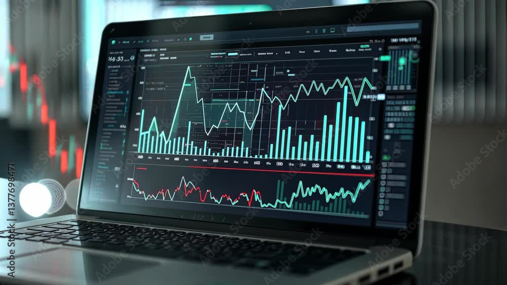 Poster visual analysis of financial data displayed on a laptop screen, illustrating market trends through b