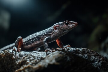 Close-up of a reptile on a rock in a dark natural habitat