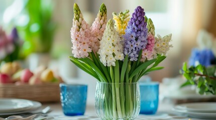 Colorful hyacinth bouquet in clear vase on dining table