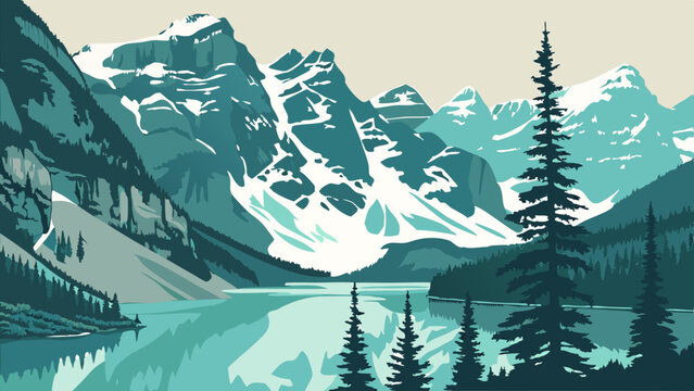 Watercolor-Style Vector of Lake Louise with Emerald Waters. Perfect for: Canada Day, Earth Day, Canada