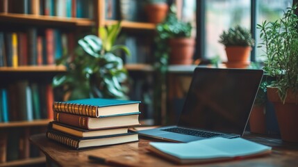Cozy Home Office with Laptop, Books, and Indoor Plants