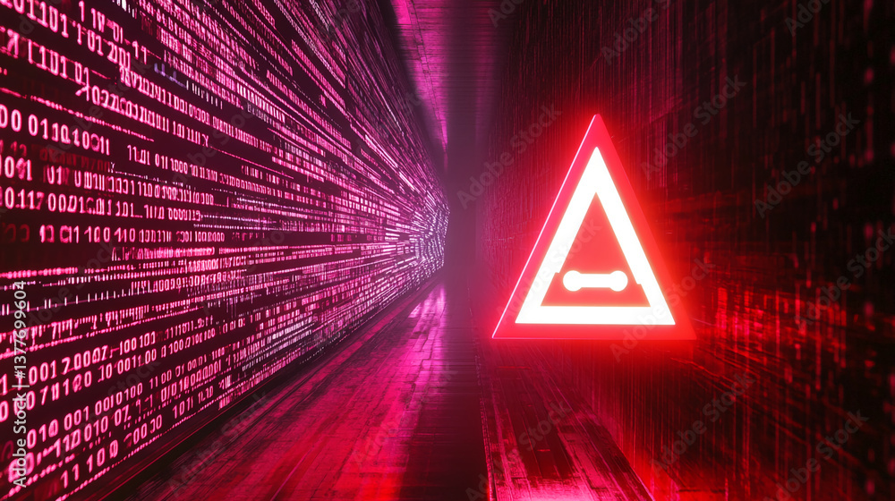 Poster neon pink digital code lines tunnel with a red warning triangle, symbolizing cybersecurity risk or d