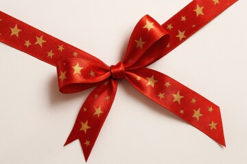 Festive Red Ribbon: A close-up view of a vibrant red ribbon adorned with golden stars, expertly tied into a decorative bow, ready to embellish any special occasion.