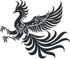 Obraz premium Black silhouette illustration of a phoenix bird with spread wings and decorative feathers.