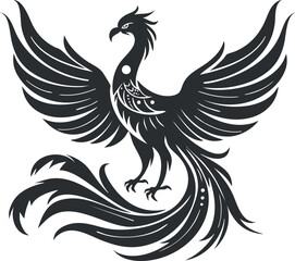Fototapeta premium Black silhouette of a phoenix with detailed wings and tail, symbolizing rebirth and mythology.