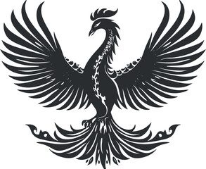 Obraz premium Black silhouette of a mythical phoenix with outstretched wings, ideal for tattoo or design use.