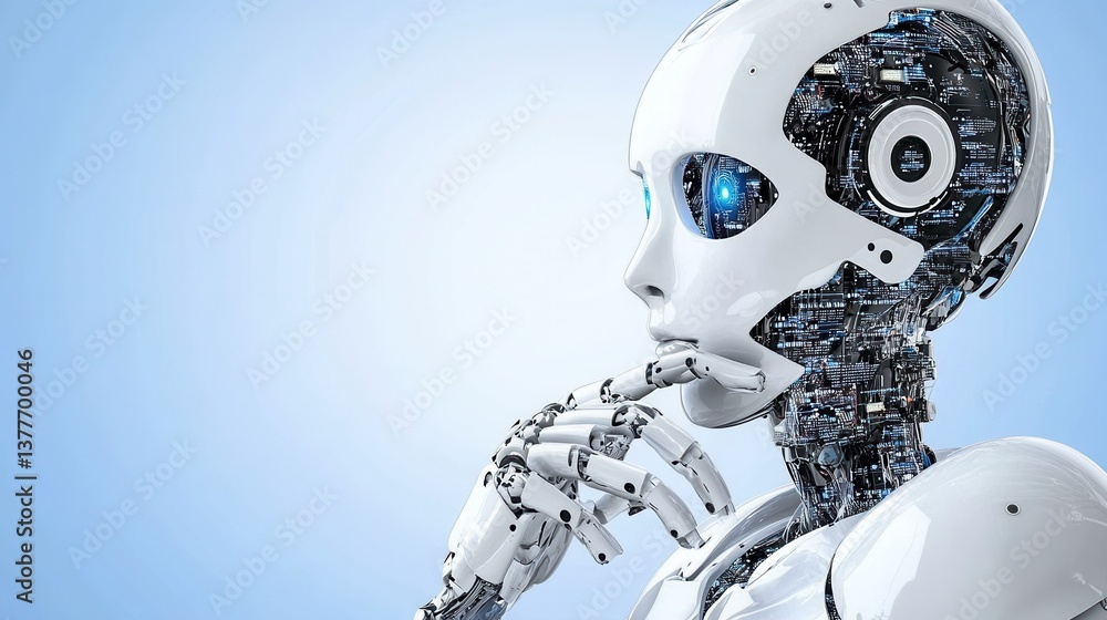 Poster a white humanoid robot with visible internal circuitry is shown in profile view, its hand touching i