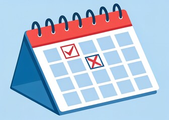 Time Management: A close-up view of a calendar with check marks and an x marks, a symbol of scheduling and organization. A minimalist graphic that portrays dates and time management