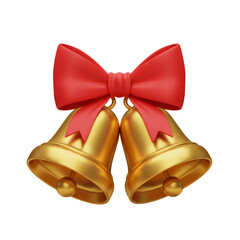 3D Rendered Golden Christmas Bells with Red Ribbon