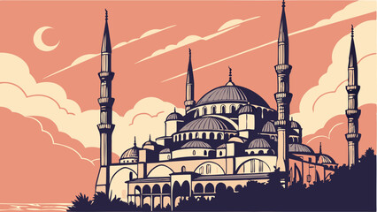 Obraz premium Vector of the Blue Mosque in Istanbul with Majestic Domes and Sunset Sky. Perfect for: Ramadan, Eid al-Fitr, Turkey