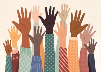Unity in Hands: An inclusive illustration showcases a vibrant display of raised hands, each representing a different ethnicity, color and background, symbolizing unity, support, and global connection.