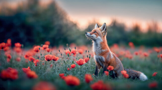 un renard dans un champ couvert de coquelictos &agrave; l'aube